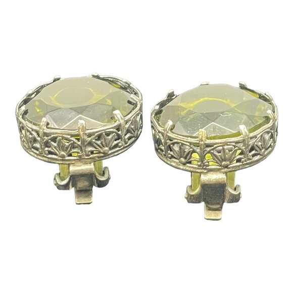 Vintage Made in Austria Dark Green Headlight Silver-tone Clip on Earrings HTF - Picture 7 of 16